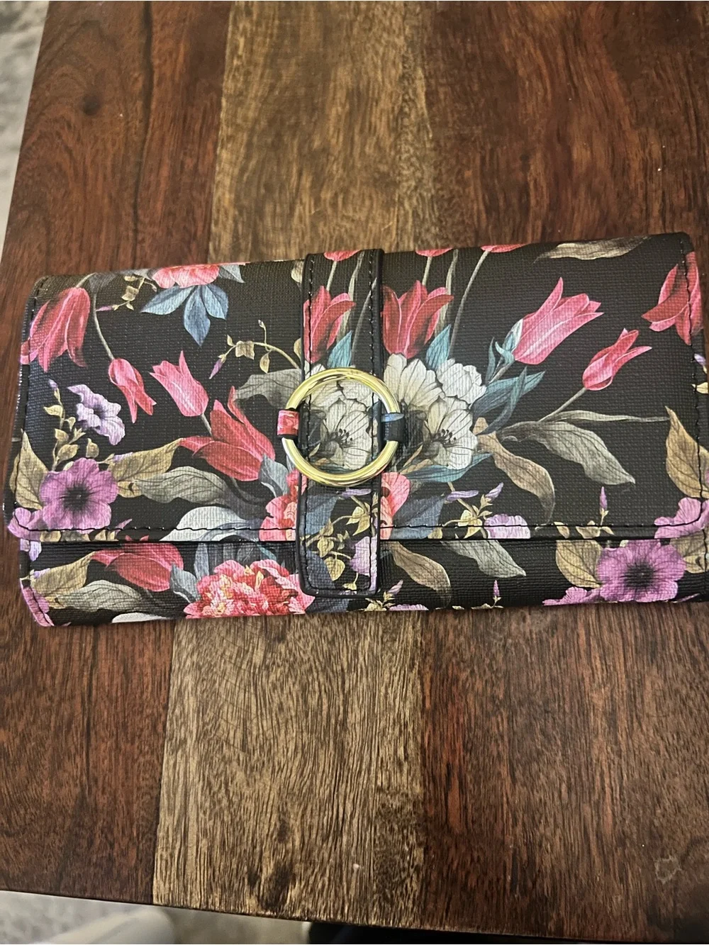 Floral Black Leather-Textured Clutch Wallet with Gold Ring Accent